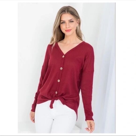 V-Neck Tie Front Long Sleeve Top Burgundy Medium - Picture 1 of 5